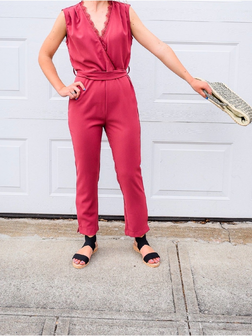 Sleeveless Lace-Trim Jumpsuit in Dusty Rose with Flaws